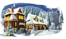 Christmas Winter Happy Scene With Wooden House In The Mountains - Forest - Illustration For The Children