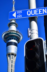 Wall Mural - Queen street sign against the Sky tower in Auckland, New Zealand