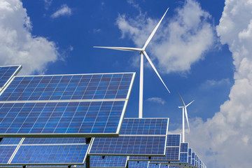 Wall Mural - solar energy panels and wind turbines alternative energy from nature
