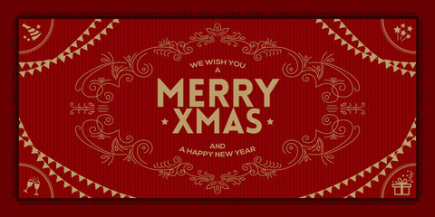 Wall Mural - Merry Christmas and a happy new year greeting vintage frame on red background