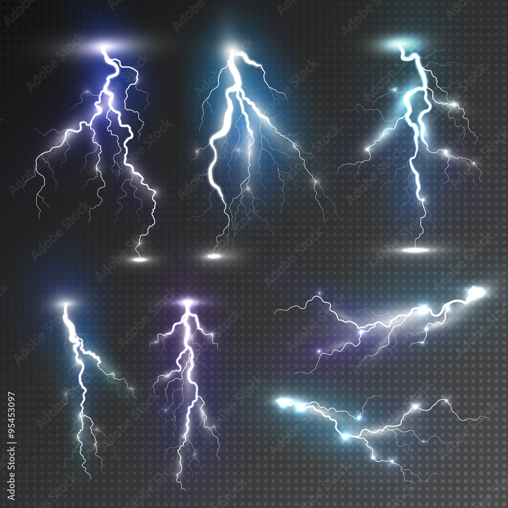 Realistic lightnings set - obrazy, fototapety, plakaty 