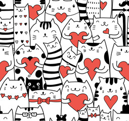 Wall Mural - Сats with hearts seamless pattern