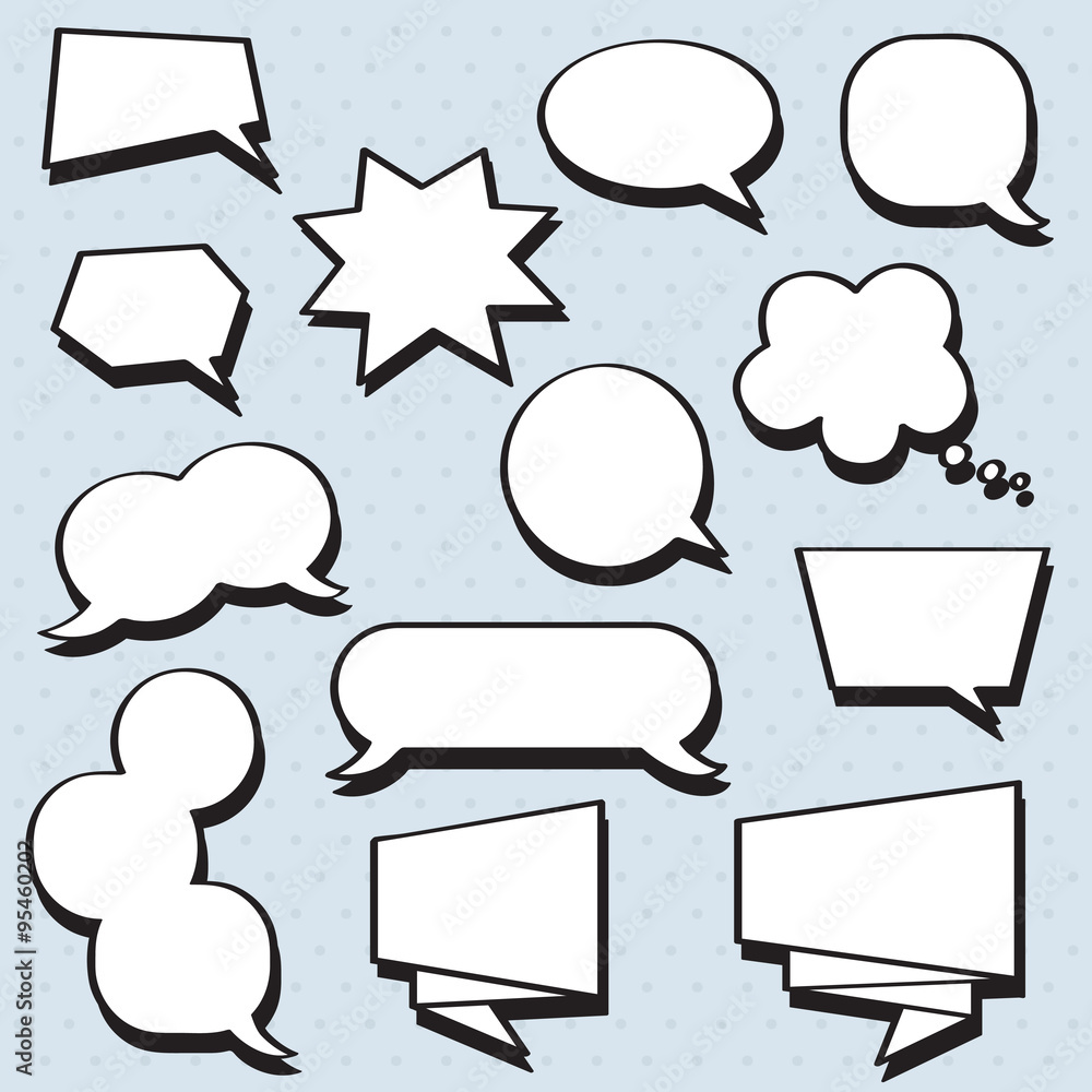 Vector speech bubbles set in black and white colors with shadows on the ...