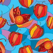 Seamless Pattern With Physalis Or Cape Gooseberry In Red And In Orange On The Blue Mosaic Background