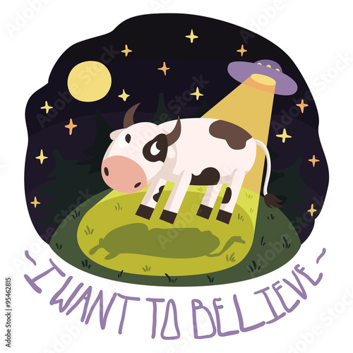 I want to believe vector poster illustration (background) with cow on the hill a Poster