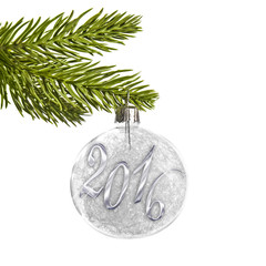 Wall Mural - 2016 on a silver christmas ball hanging from a branch isolated on white