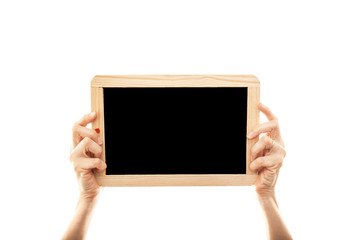 female hands holding a blackboard chalkboard