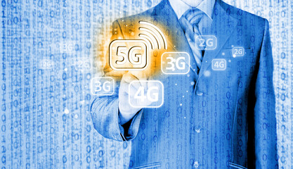 businessman holding in hand 5G, technology background