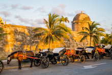 Horse Drawn Touristic Carriages In The Historic Spanish Colonial City Of Cartagena De Indias, Colombia