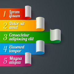 Poster - Infographics curled colorful paper stripe banners arrow with white turns and 5 text options on dark grey background