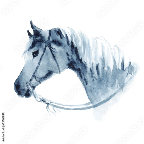 Tapeta ścienna na wymiar Watercolor cowboy western horse head with bridle. Hand drawing illustration on white.