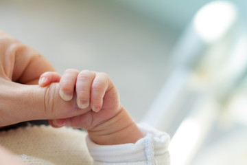 newborn baby touching his mother hand