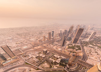 Panorama of night Dubai during sandstorm