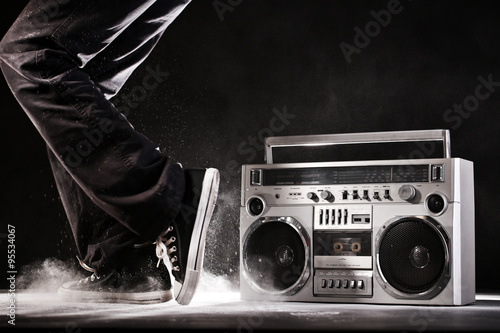 Poster Retro ghetto boom box, dust and dancer isolated on black with cl
