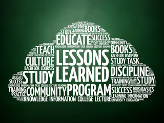Wall Mural - lessons learned word cloud, education concept on blackboard