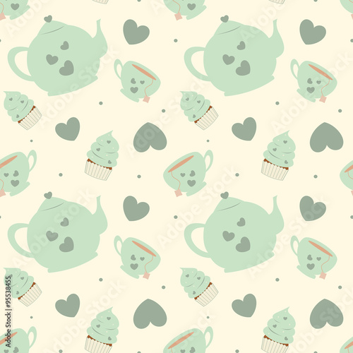 Fototapeta na wymiar cute pastel cartoon tea set seamless vector pattern background illustration with cupcakes