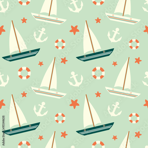 Naklejka na szybę cute colorful sailboat seamless vector pattern with anchor and lifebuoy background illustration