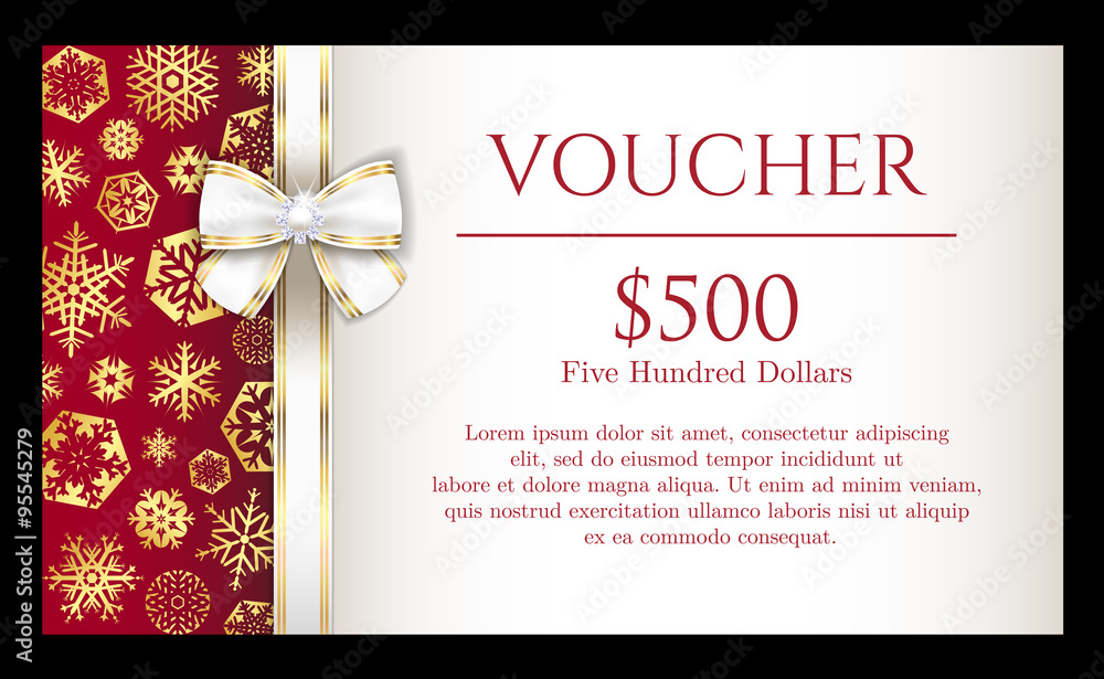 Luxury Christmas voucher with golden snowflakes and white ribbon - obrazy, fototapety, plakaty 