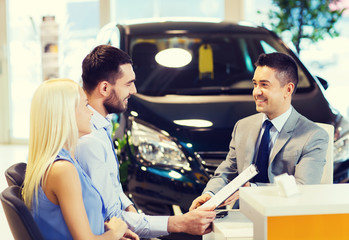 Sticker - happy couple with car dealer in auto show or salon