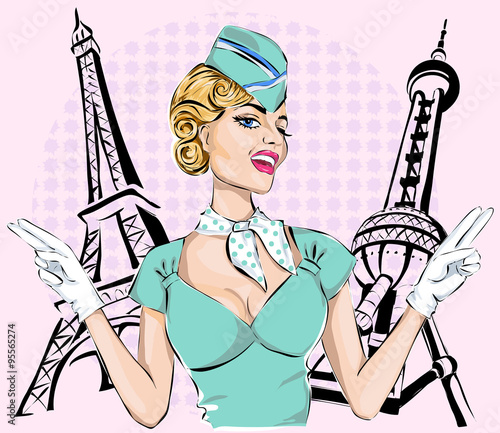 Obraz w ramie Beautiful sexy stewardess with Eiffel Tower and Oriental Pearl background
