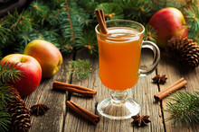 Hot Apple Cider Traditional Winter Season Drink With Cinnamon And Anise. Homemade Healthy Organic Warm Spice Beverage. Christmas Or Thanksgiving Holiday Decoration On Vintage Wooden Background