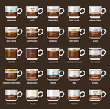 Infographic with coffee types. Recipes, proportions. Coffee menu. Vector illustration