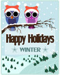 Happy Holidays Card. Owls. Vector Illustration.