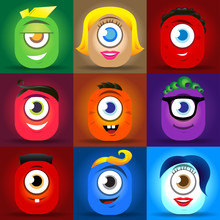 Happy Cute Cartoon Monster Faces Vector Set. Cute Square Avatars And Icons.