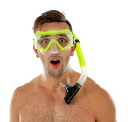 Wall Mural - Young man with swimming mask or goggles, isolated on white