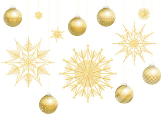 Christmas balls and straw stars, golden decoration. Isolated vector illustration over white background.