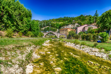 Poster - three archs medieval bridge in Italy