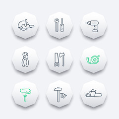 Sticker - construction tools line octagon icons, vector illustration