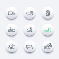 Poster - Transportation, line round modern icons, Cargo truck, Freight train, Forklift, vector illustration