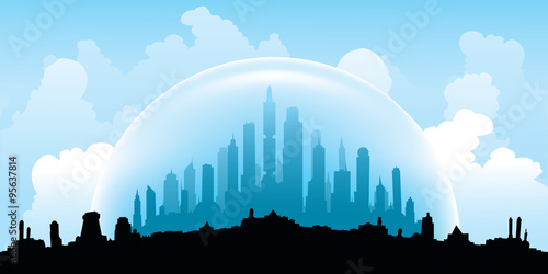 Cuadros en Lienzo An illustration of the skyline of a city sealed in a dome to protect it from the weather elements