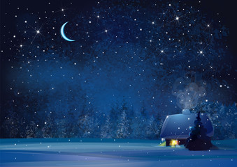 Wall Mural - vector night winter landscape with house and forest background.