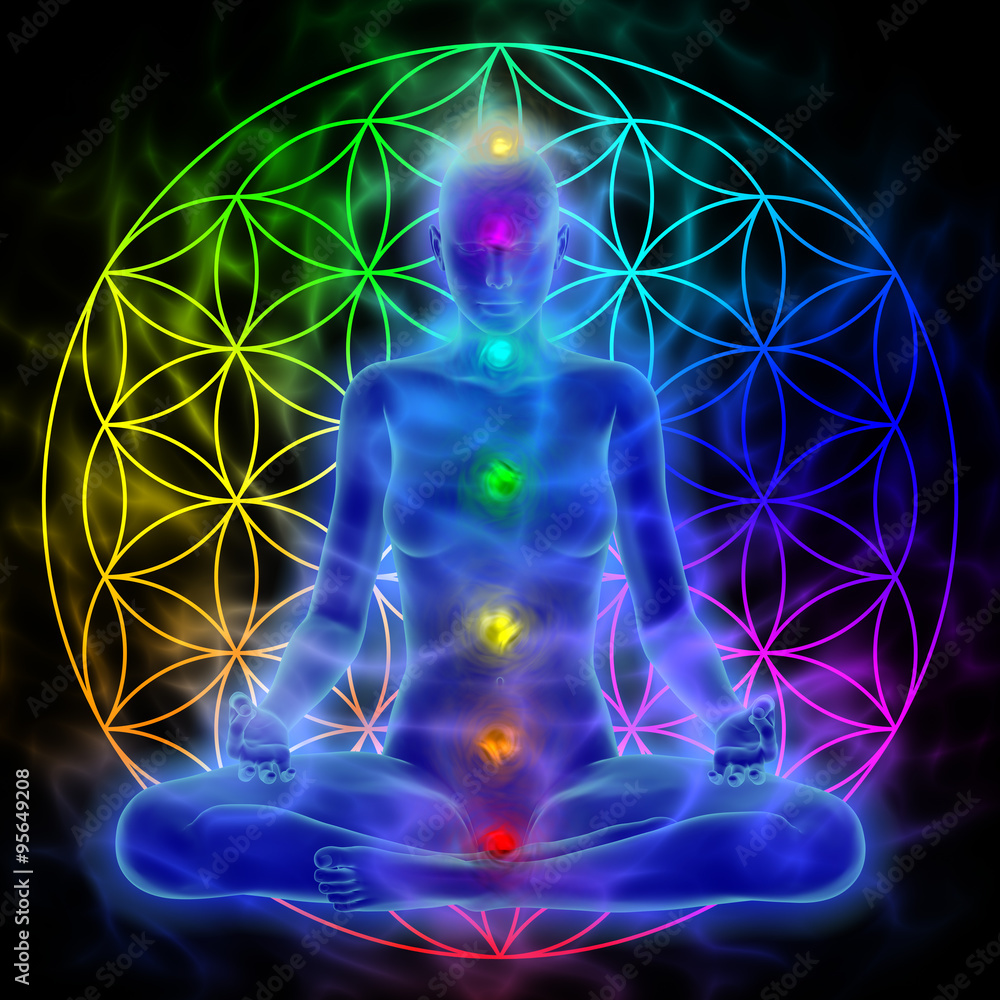 Photographie Woman meditating, symbol flower of life