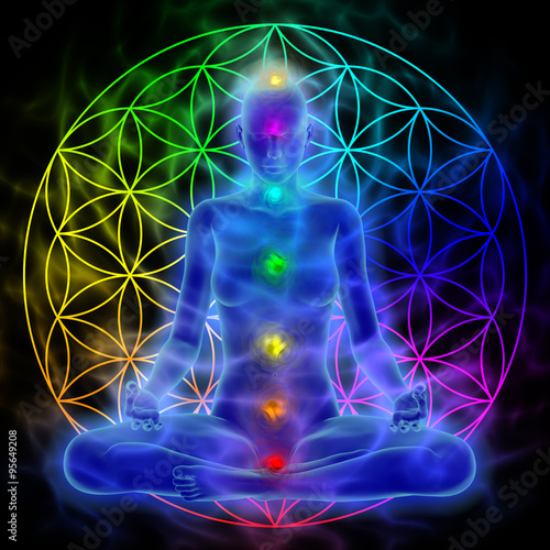 Woman meditating, symbol flower of life Tableau sur Toile