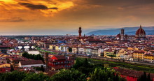 Florence or Firenze sunset aerial cityscape.Day to NIght