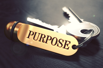 purpose - bunch of keys with text on golden keychain.