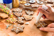 Woman decorated with icing cookie-snowflake. Closeup