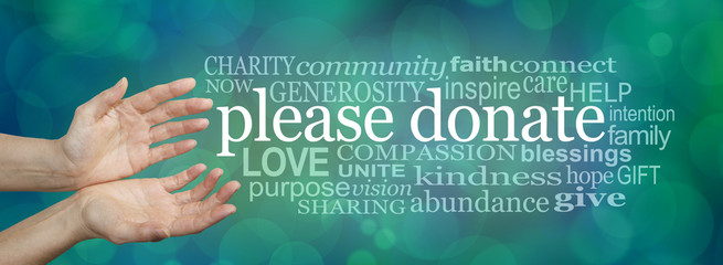 Wall Mural - Please donate fund raising word cloud banner - wide banner with a woman's hands in an open cupped needy gesture with a word cloud surrounding the words PLEASE DONATE on a blue bokeh background 