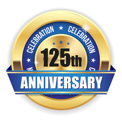 Gold 125th anniversary badge with blue ribbon on white background