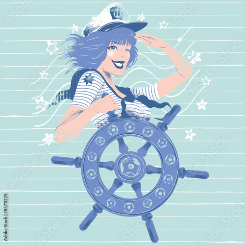 Foto Illustration of a pin up girl doing the salute while spinning a rudder