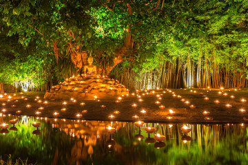 Buddha image with mediation prosture placed under Bodhi with many candles for commemorate Visakha Bucha day.