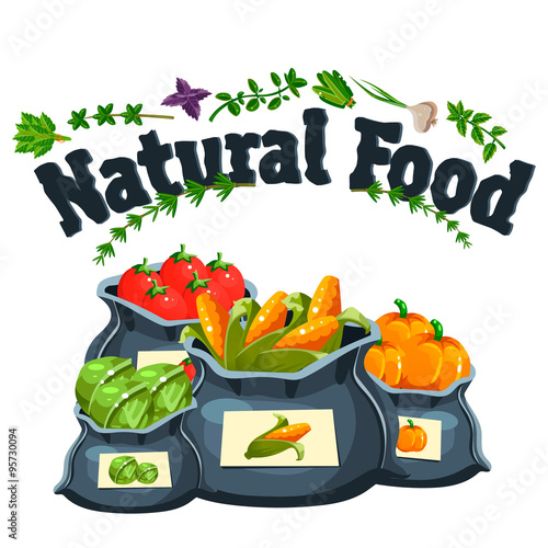 Naklejka na meble Natural food, farm products banner, bags with vegetables
