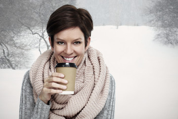 Poster - Beautiful lady with scarf and coffee mug.