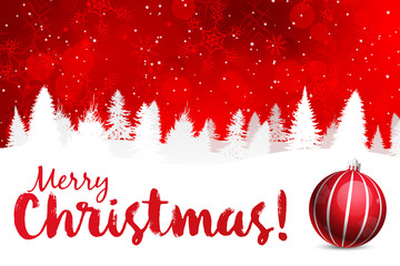 merry christmas! red background with white snow silhouette and ornament