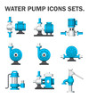 Water pump icon i.e. centrifugal, rotary, slurry and well. Powered by electric motor, engine and hand. For produce flow and pressure to distribution, transport, supply, drainage and control of water.