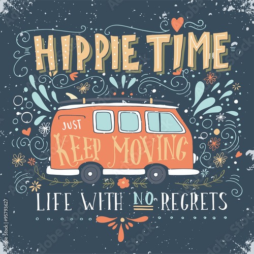 Vintage hippie time print with a mini van, decoration and letter Poster