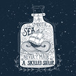 Hand drawn vintage label with a ship in a bottle and hand letter